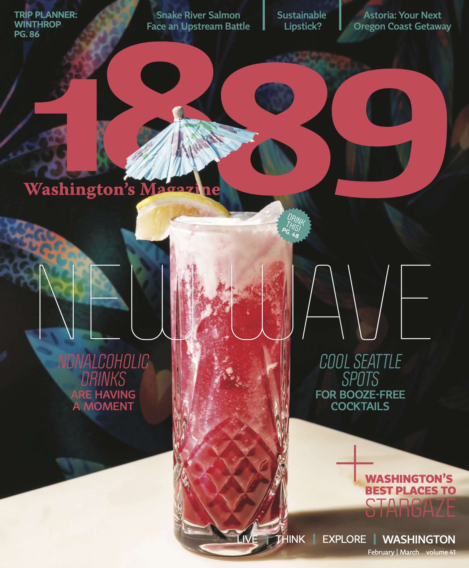 Seattle's best commercial food and hospitality photographer A vibrant pink nonalcoholic drink garnished with a lime slice, lemon wedge, and paper umbrella sits against a dark, tropical-themed background on the cover of 1889 Washington’s Magazine, captured by Seattles best commercial food lifestyle photographer. captured by seattle's best food and lifestyle photographer Brooke Fitts